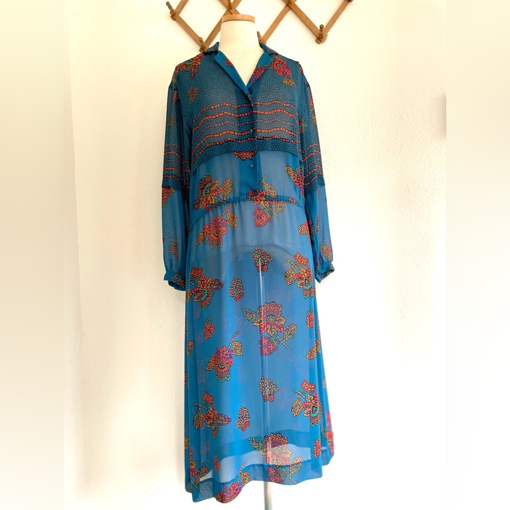 Vintage Teal Floral Mosaic Semi Sheer Shirtdress Long Sleeves Drop Waist 70s
